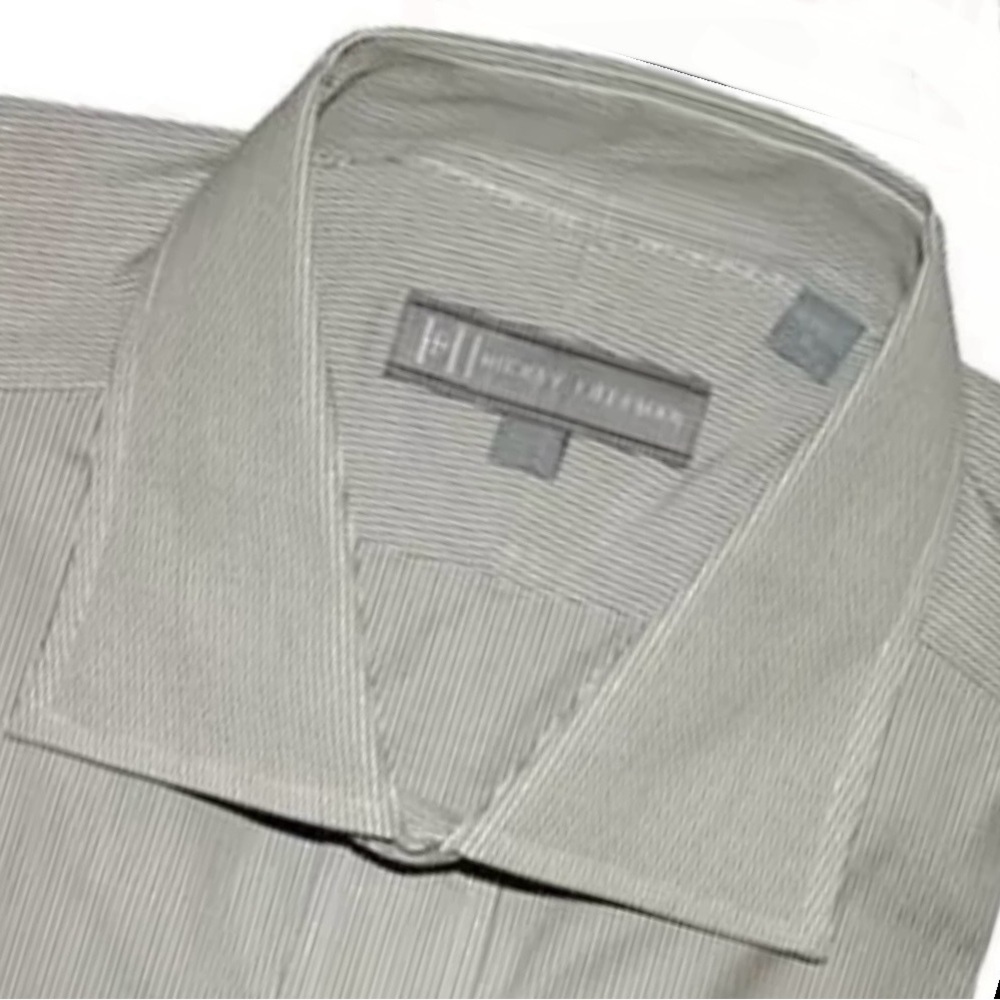 $195 NEW HICKEY FREEMAN DRESS SHIRT 17.5 R 33 MENS OLIVE WHITE MICRO STRIPE